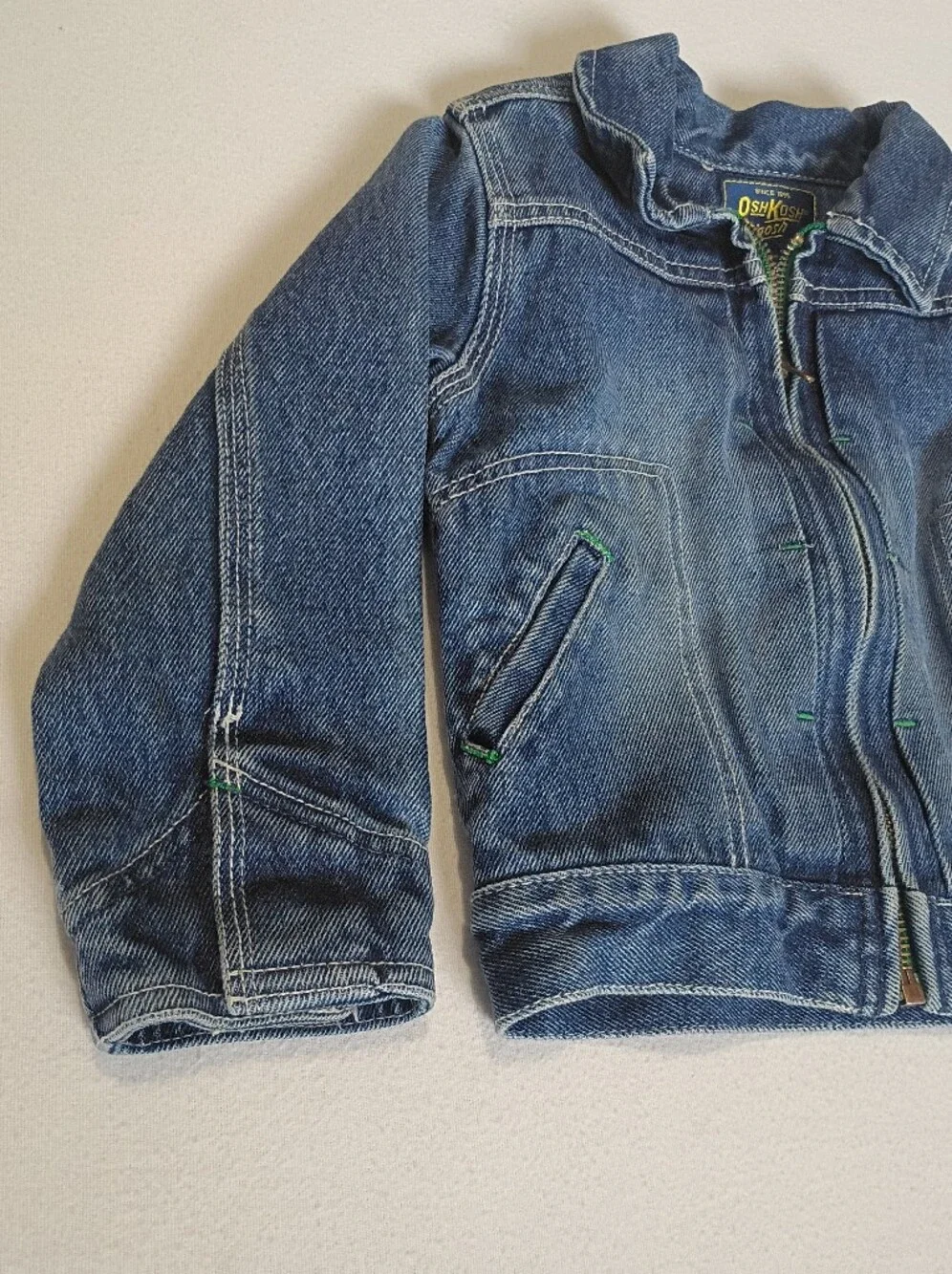 Vintage Y2K OshKosh Bgosh Zip Up Denim Jacket 4T Contrast Green Stitch Workwear